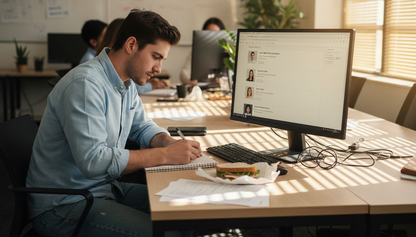 Employee using recruitment software at messy desk