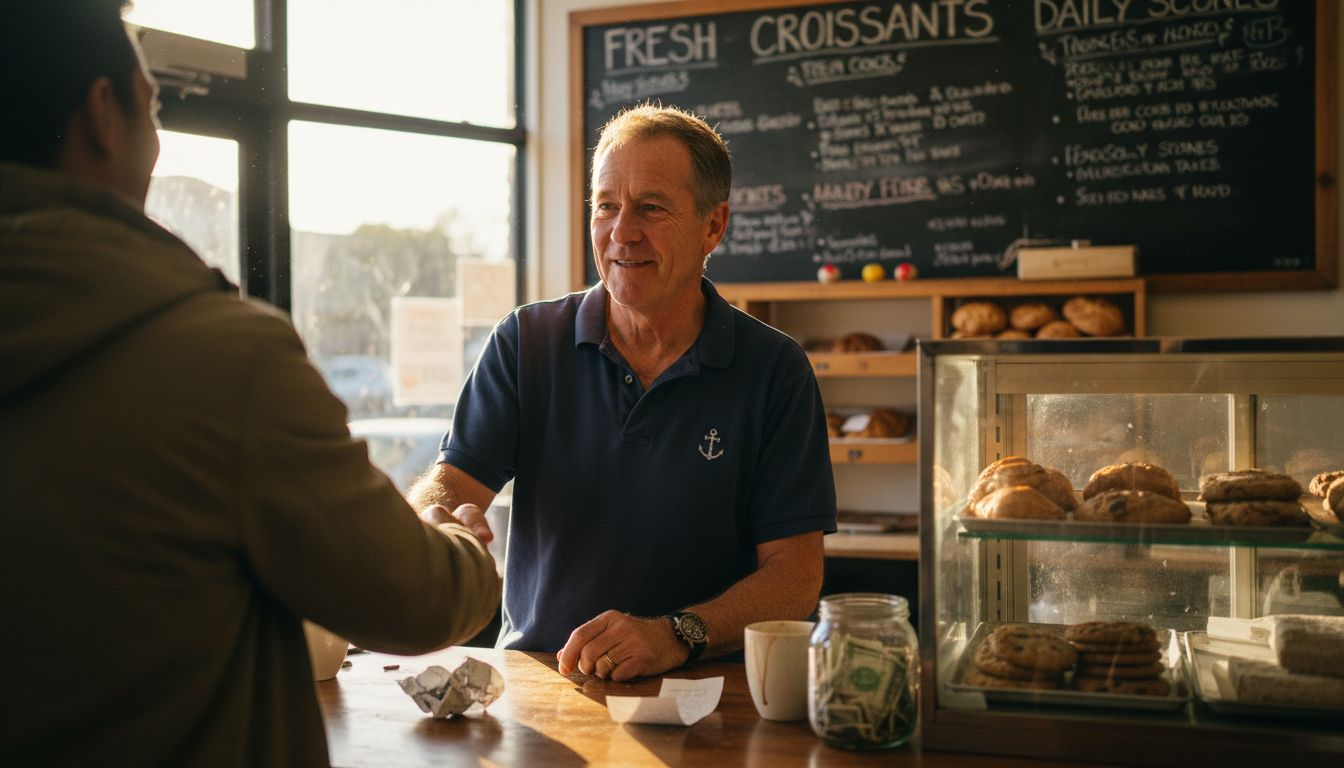 Shop owner greeting customer at bakery counter