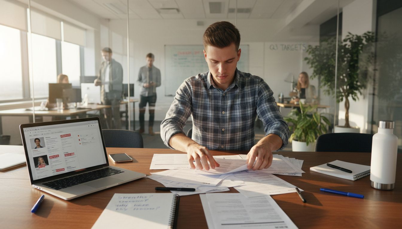 Recruiter sorting resumes in meeting room
