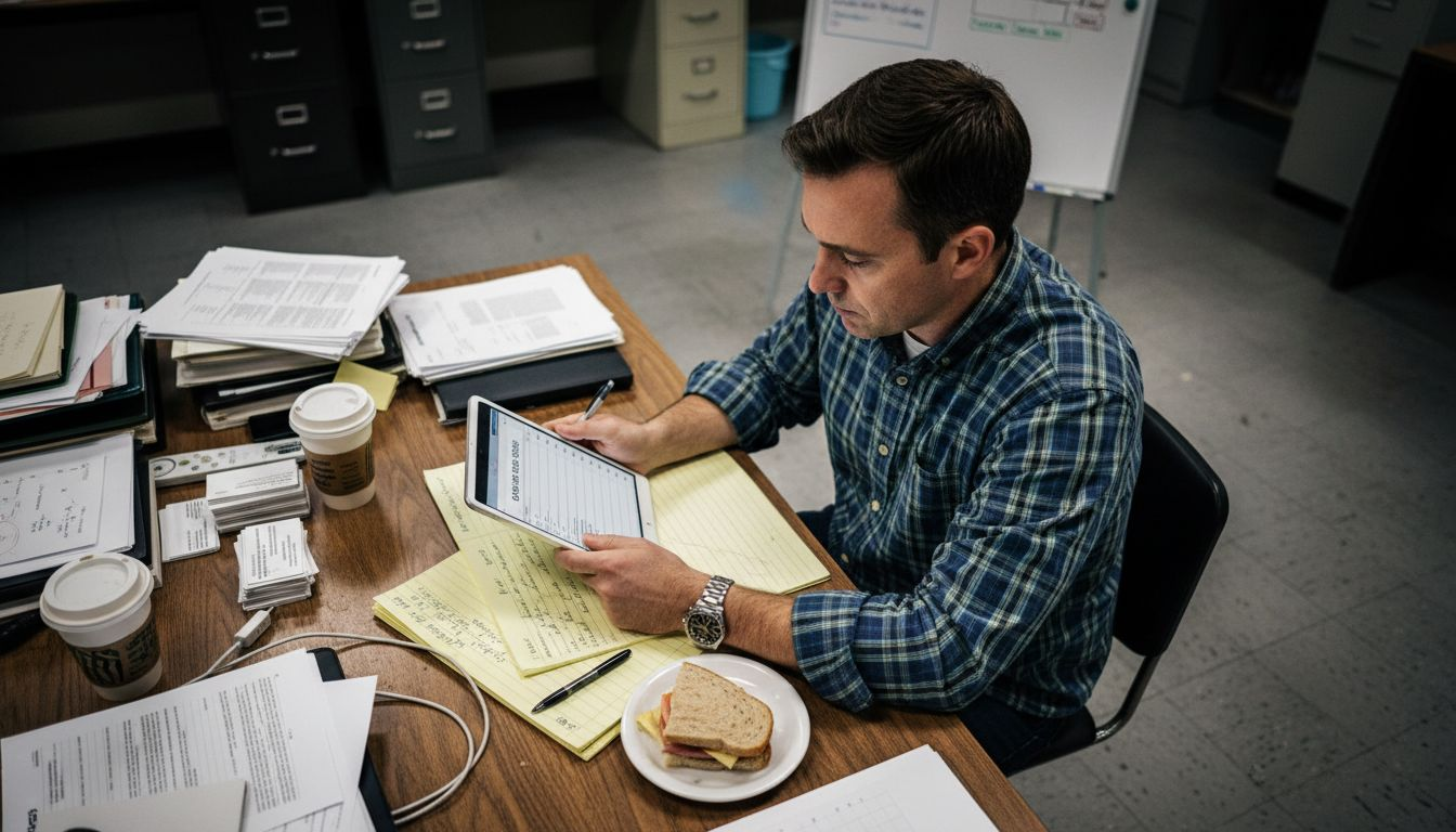 Consultant auditing business listings at desk