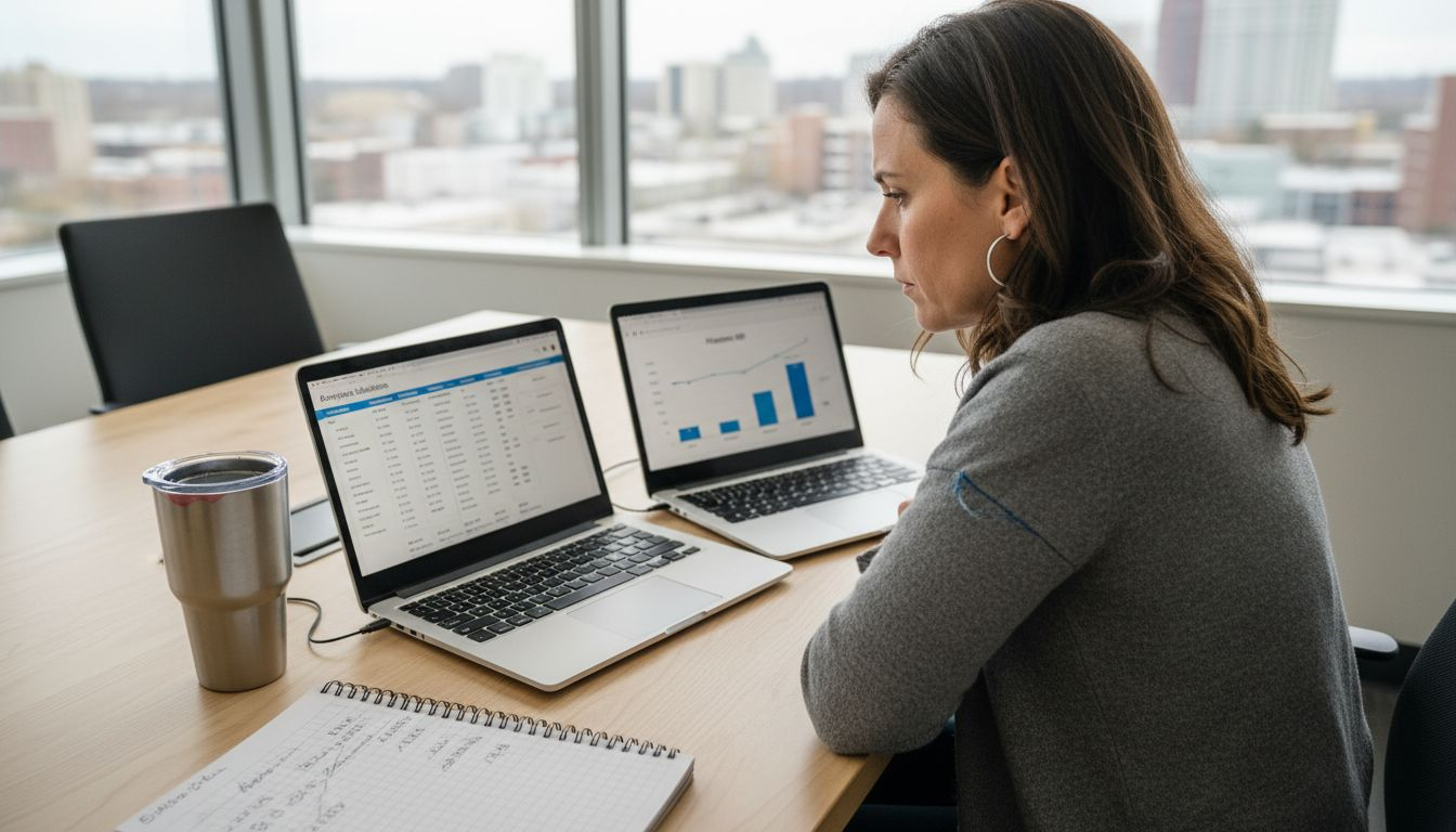 Woman reviewing software options for business