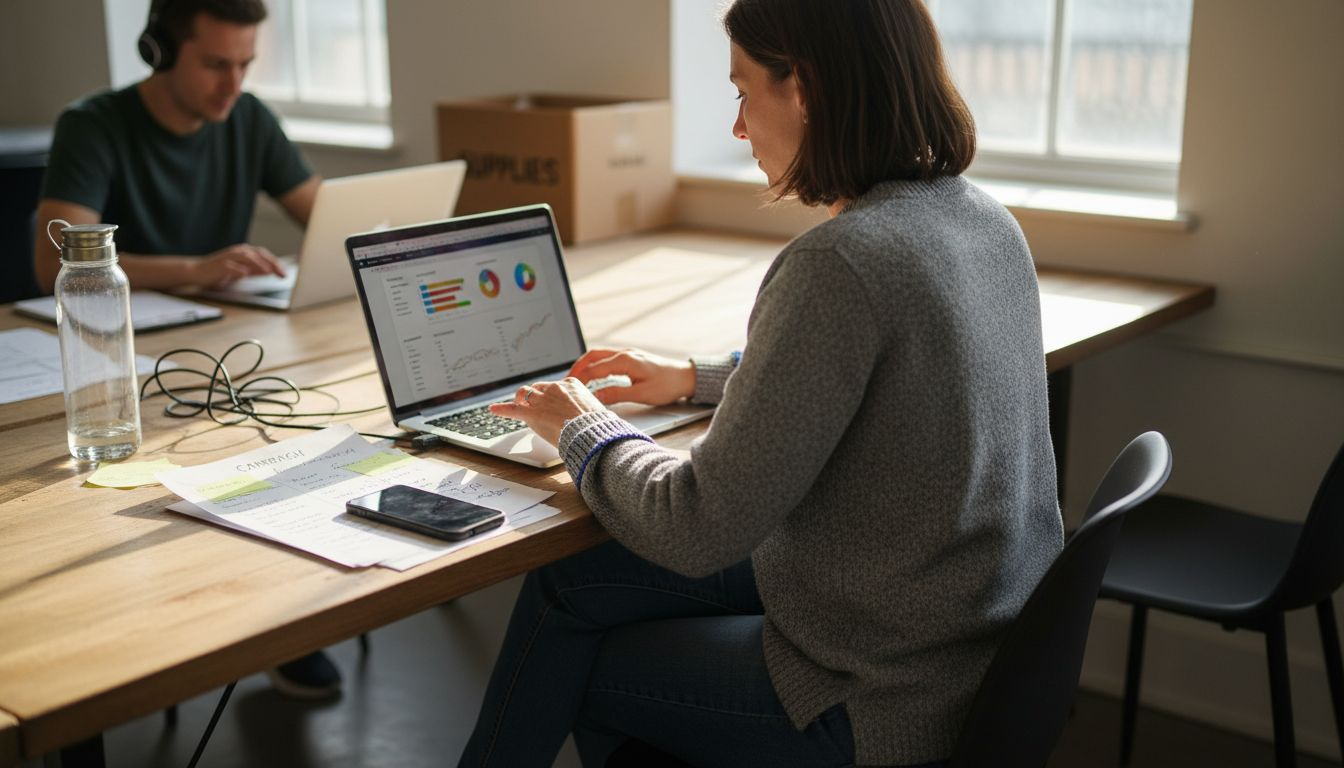 Business owner reviews emails and customer stats