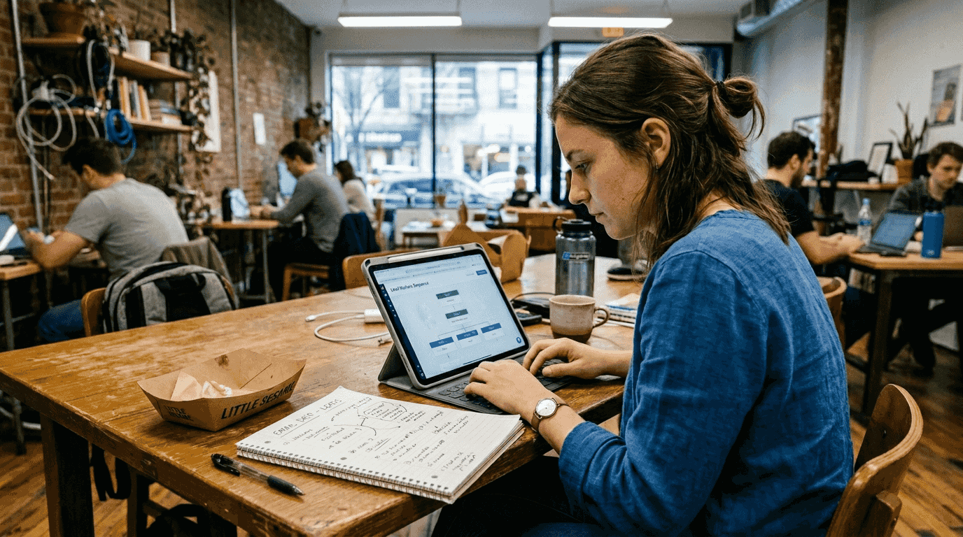 Woman automating marketing at coworking table