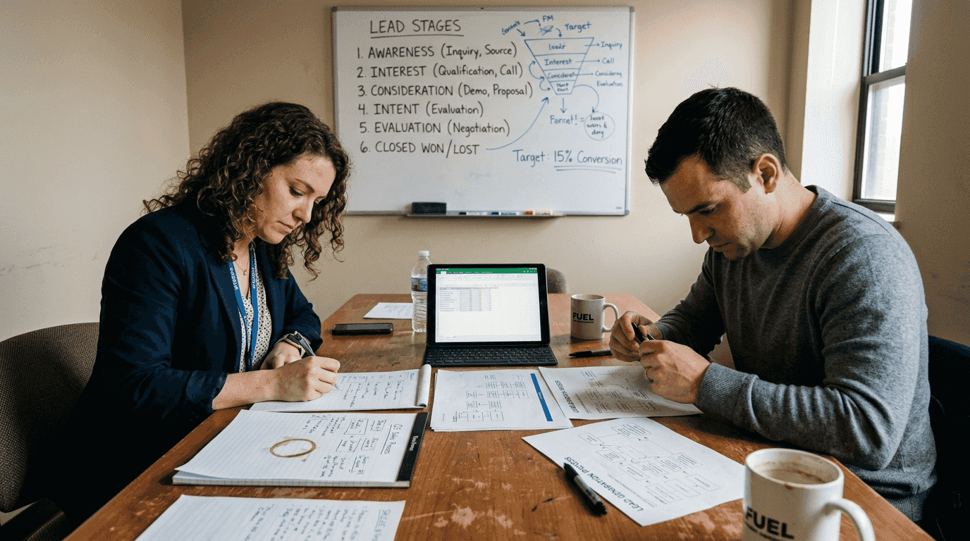 Team reviewing sales workflow in meeting room