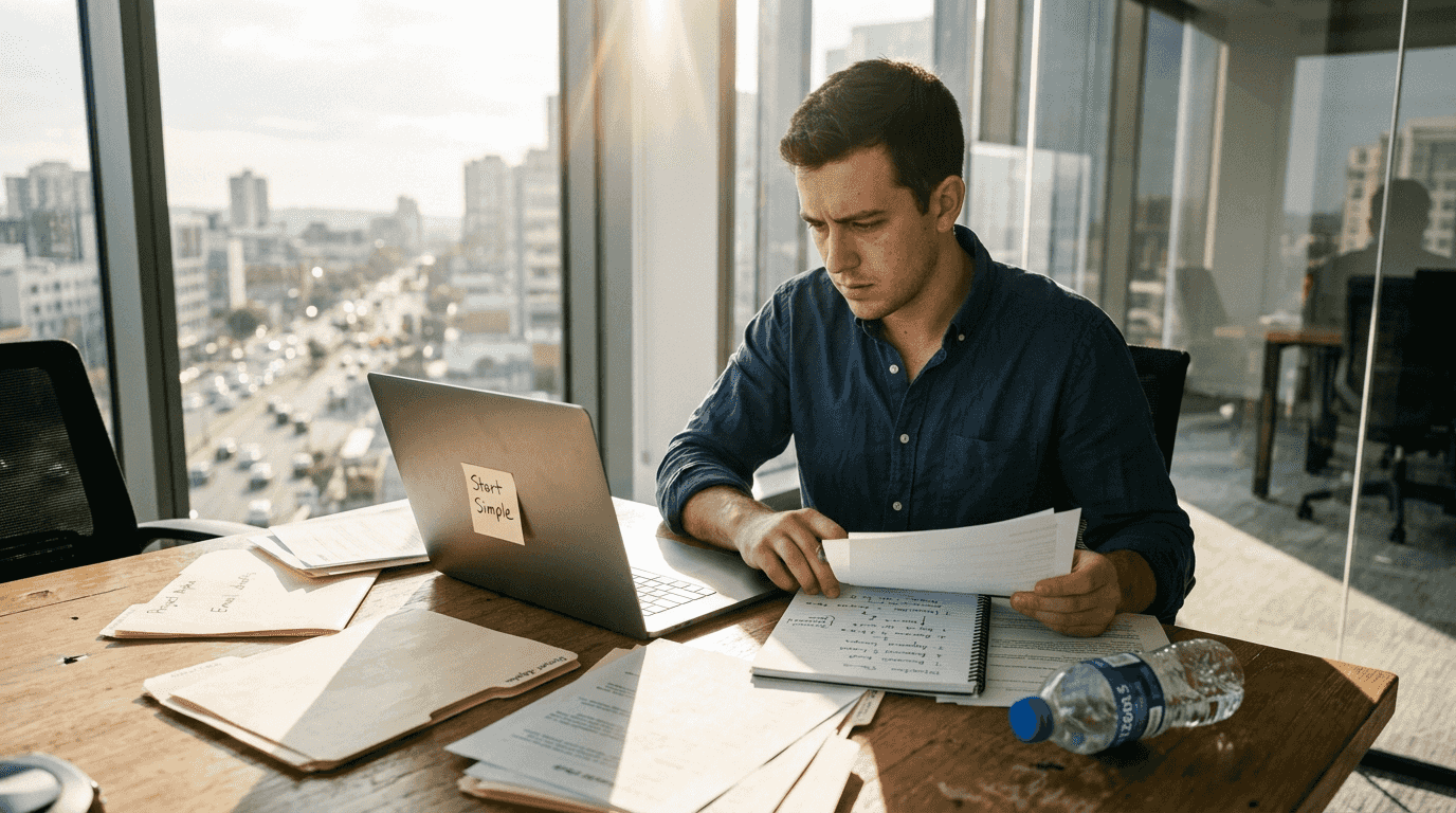 Worker organizes email workflow setup materials