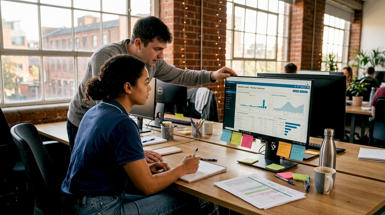 Two SME workers reviewing marketing leads