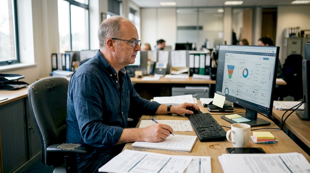 Man reviewing CRM lead management desk