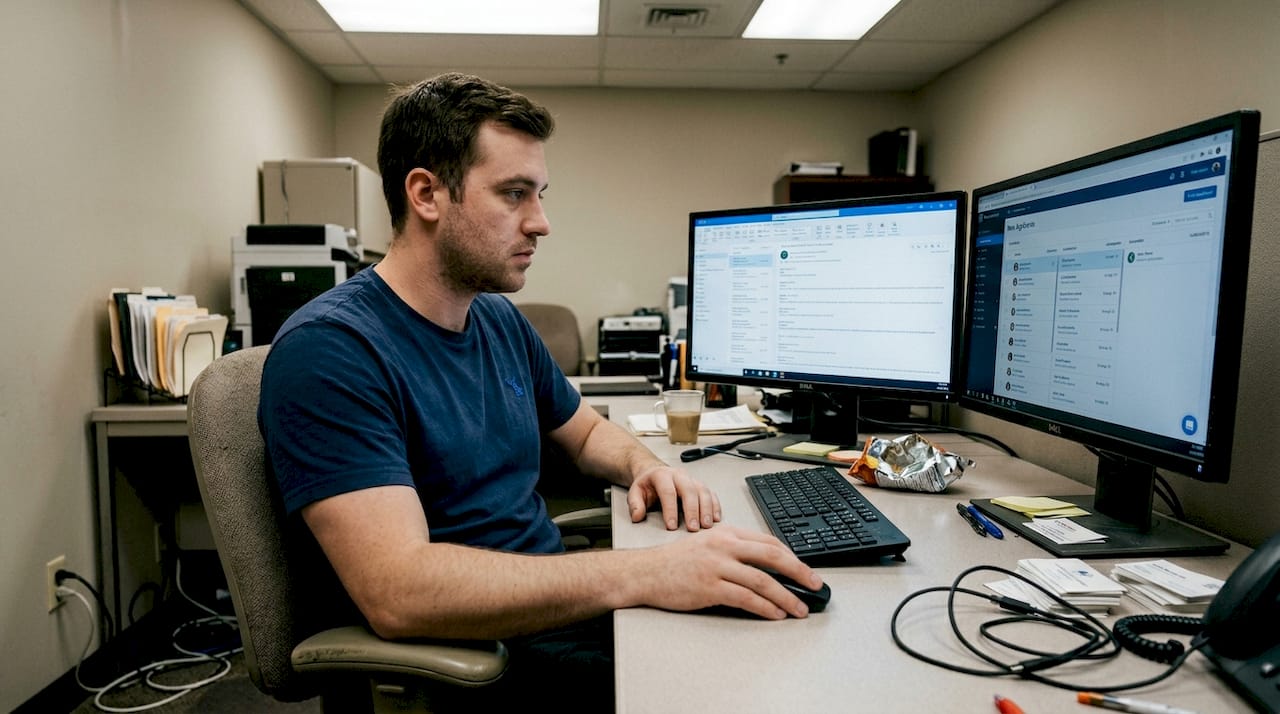 Manager uses digital hiring tools at workstation