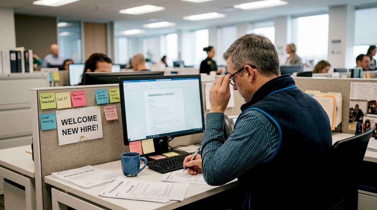 Office worker reviewing onboarding documents at desk