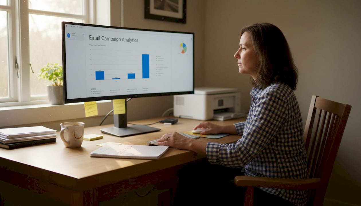 Woman checking digital marketing results at home