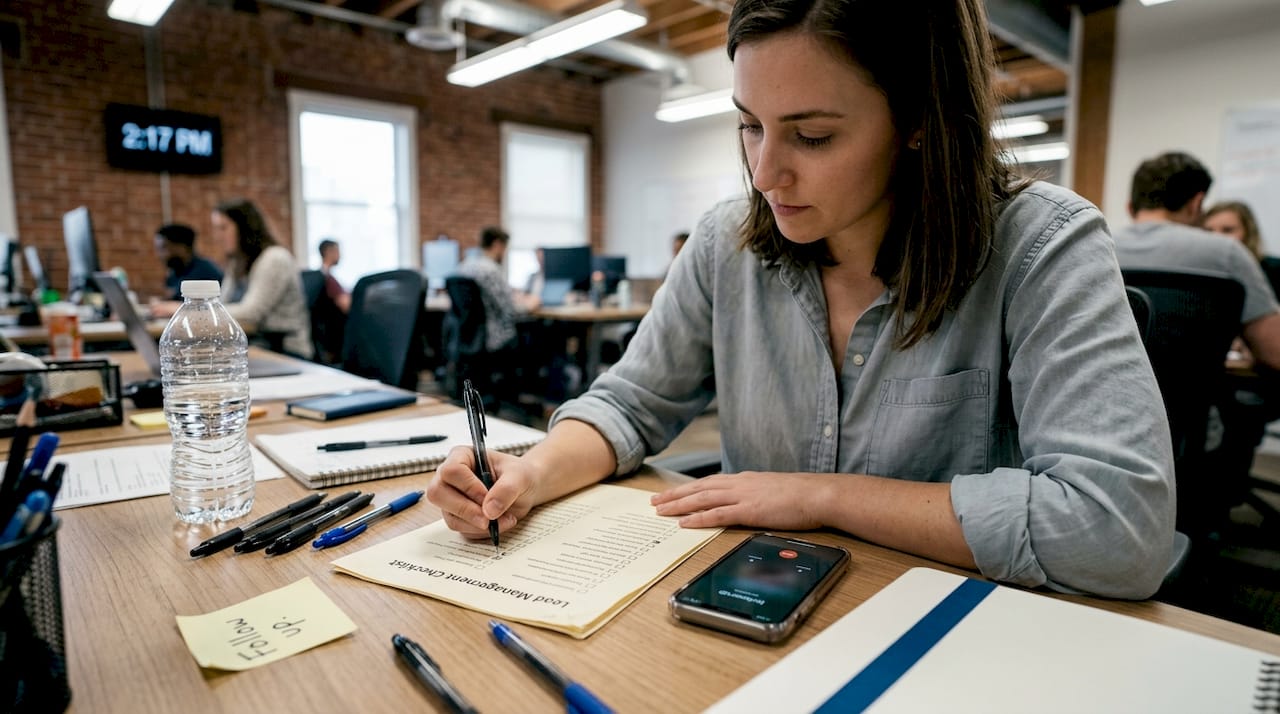 Person reviewing sales lead checklist at desk