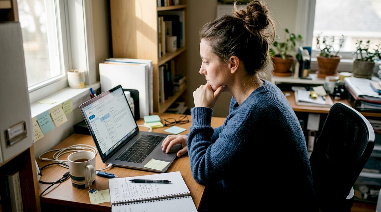 Entrepreneur managing automated email workflow at desk