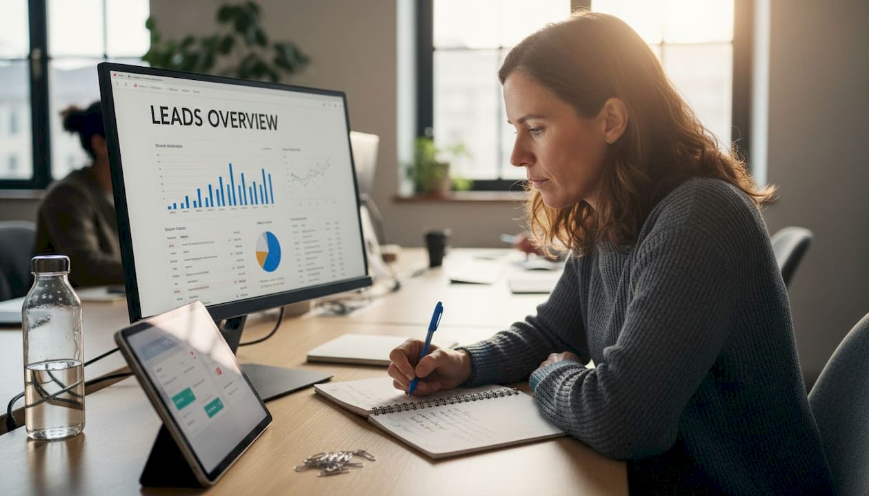 Woman updating CRM system at office desk