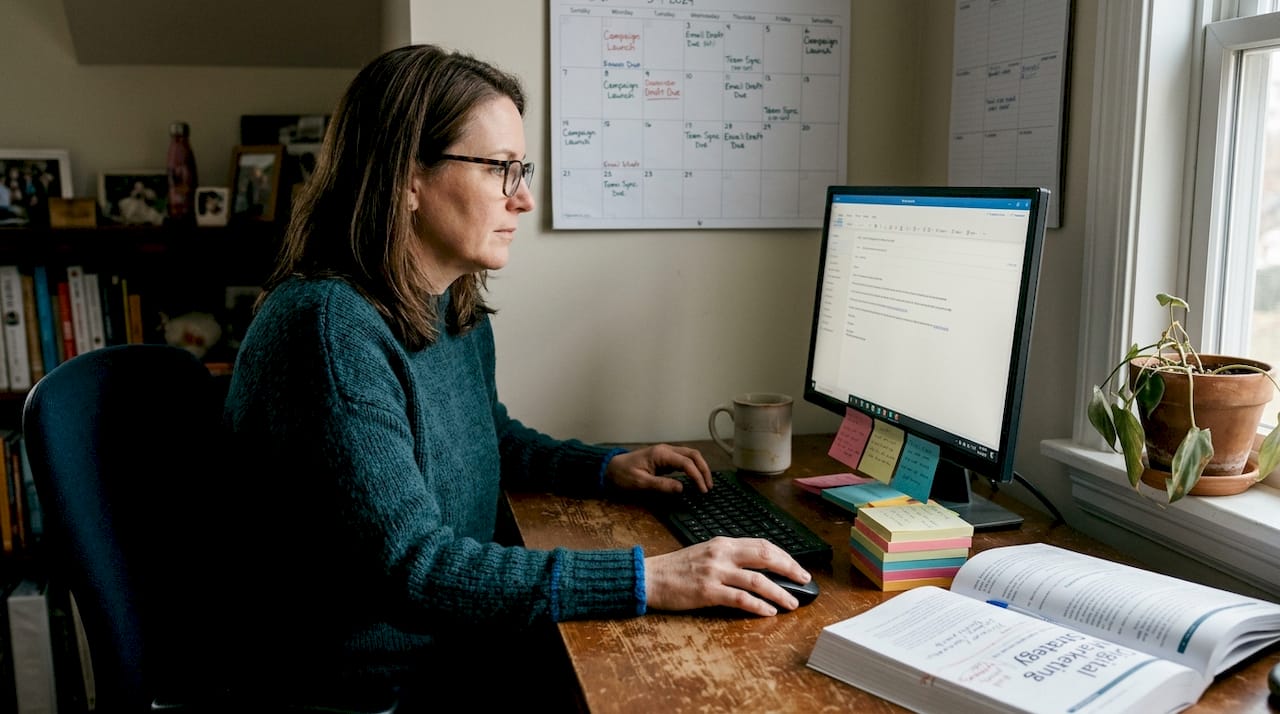 Manager composing automated emails in home office