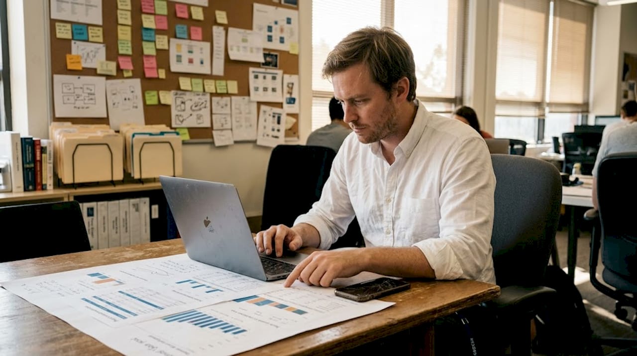 Recruiter comparing SMB hiring tools at workspace