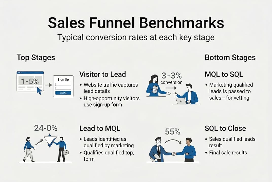 Infographic with sales funnel benchmarks