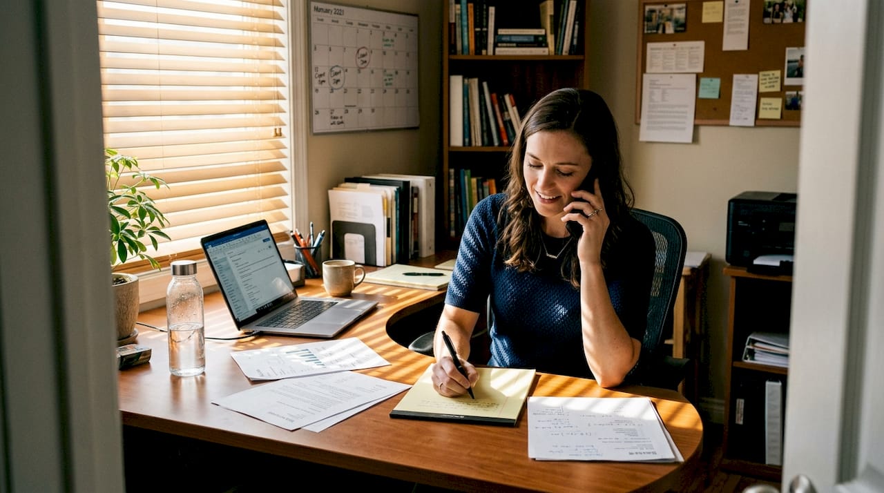 Professional following up sales calls at desk