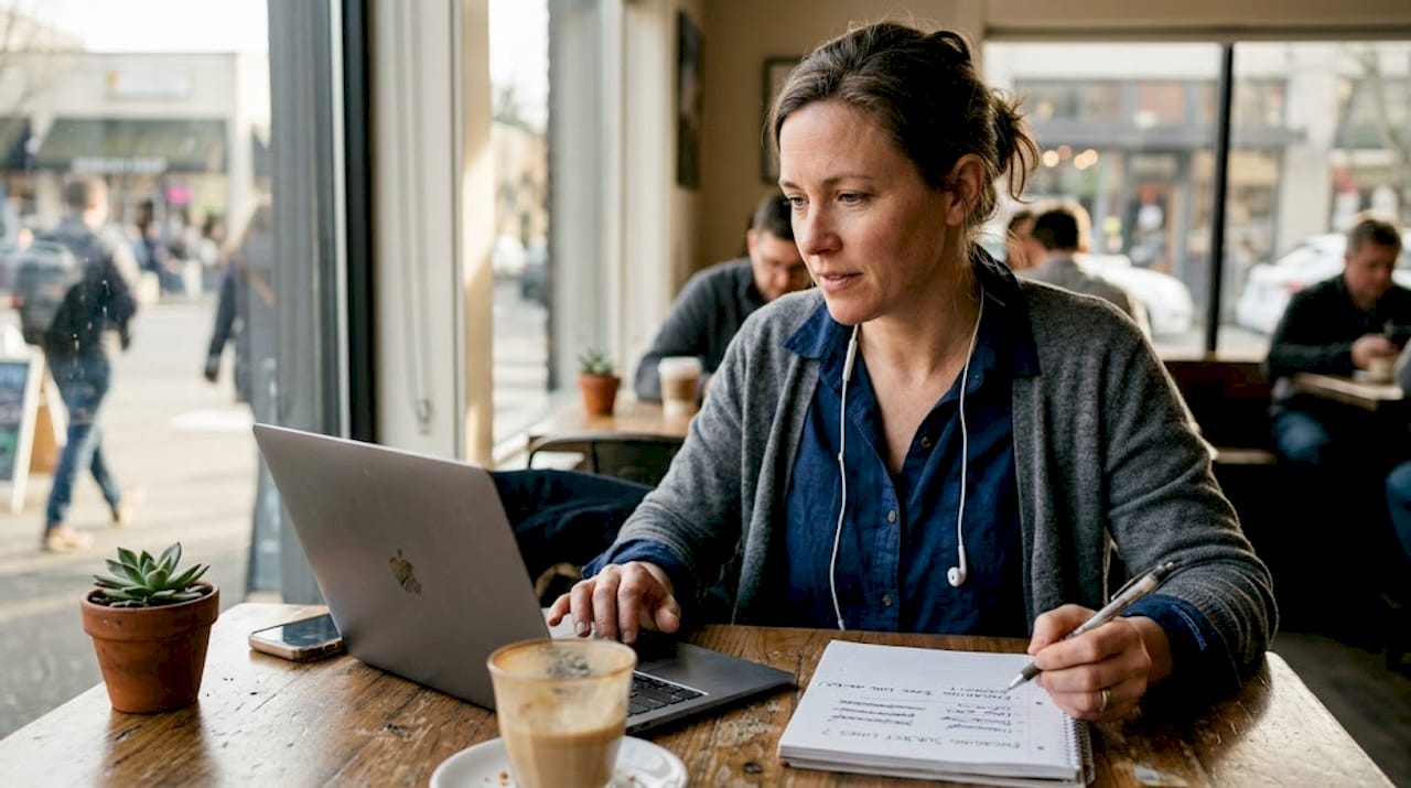 Woman creating email marketing content in café