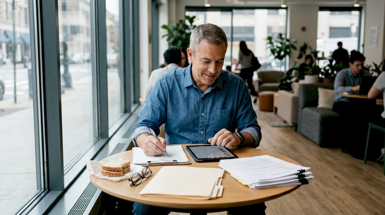 Founder reviews candidate profiles on tablet