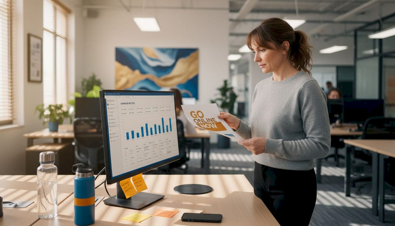 Marketing manager compares campaign flyer and metrics