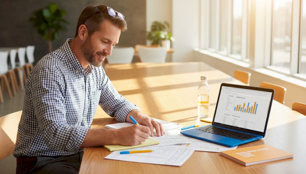 Man segmenting email list at coworking table