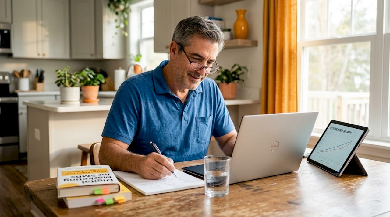 Man reviewing email analytics at kitchen table