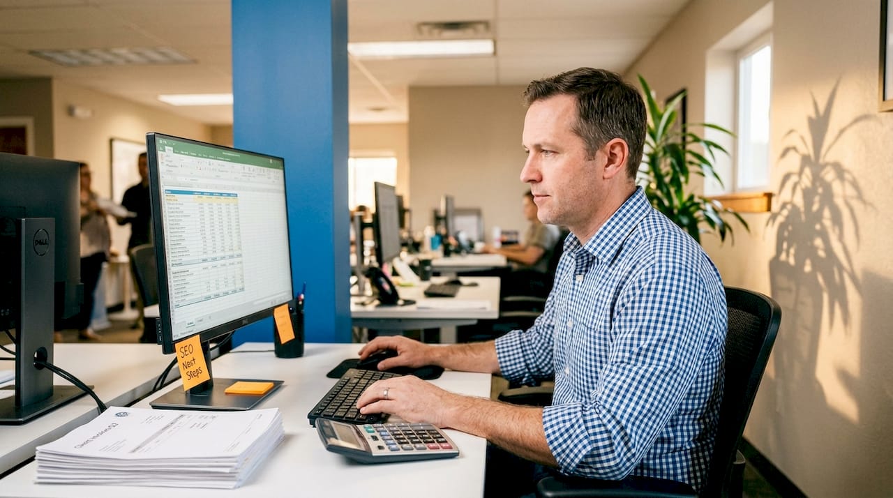Bookkeeping firm reviewing online marketing steps