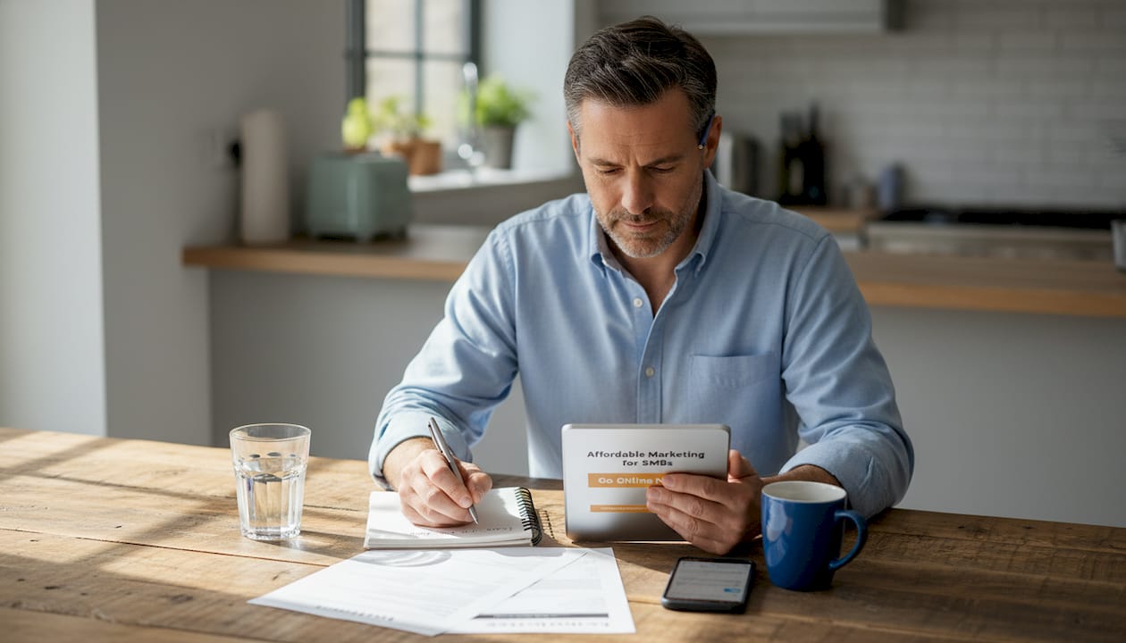 Man planning small business marketing at kitchen table