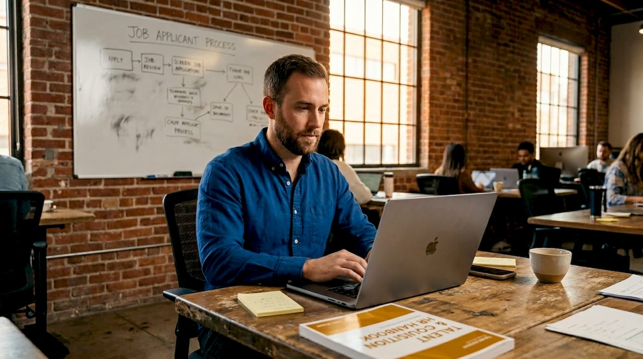 Business owner screens applicants in workspace
