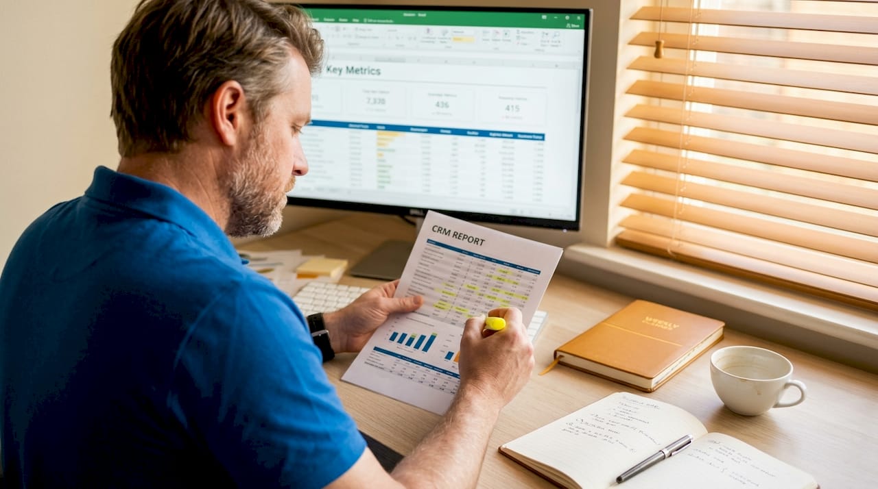 Business owner reviews CRM metrics at desk