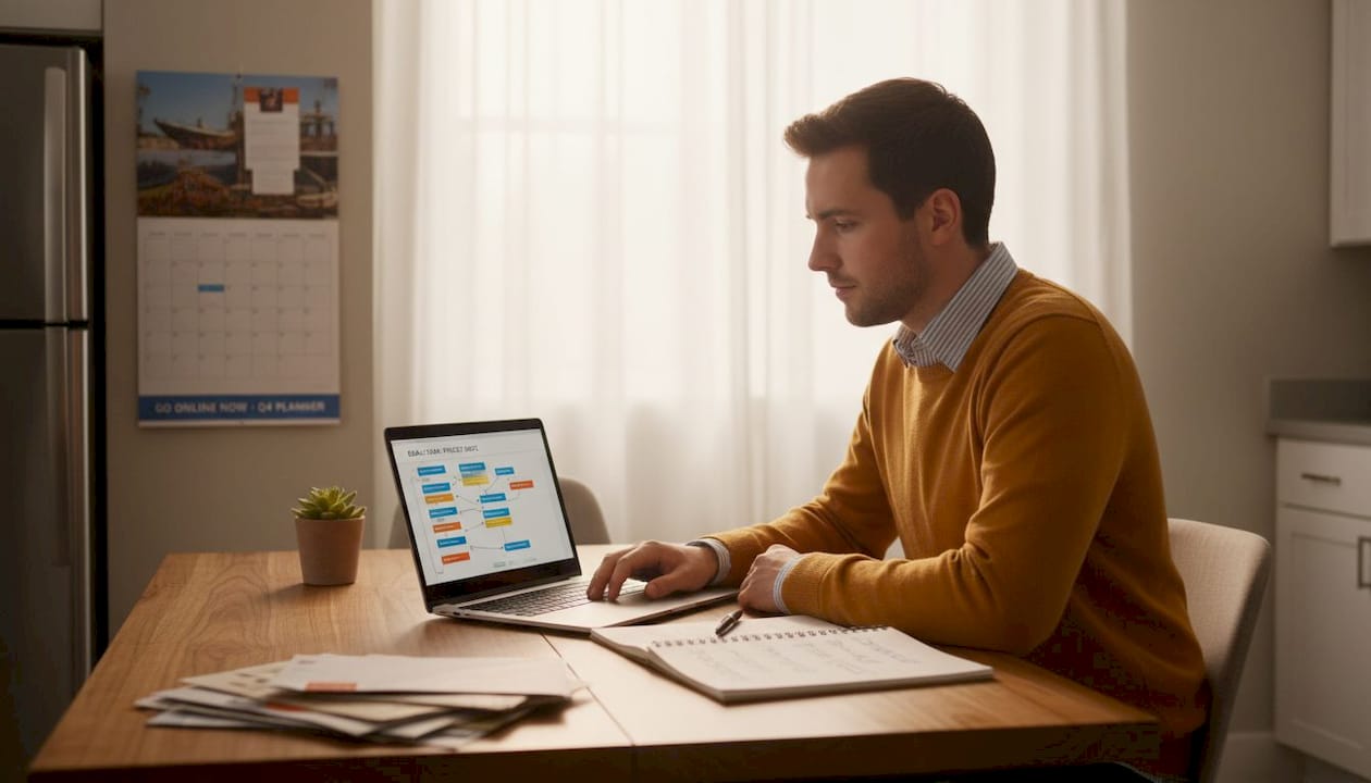Man checking email automation at kitchen table