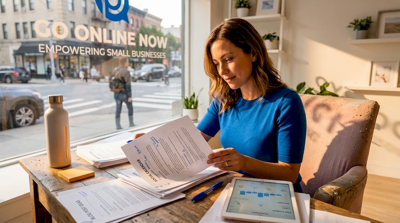 Small business owner reviews marketing content