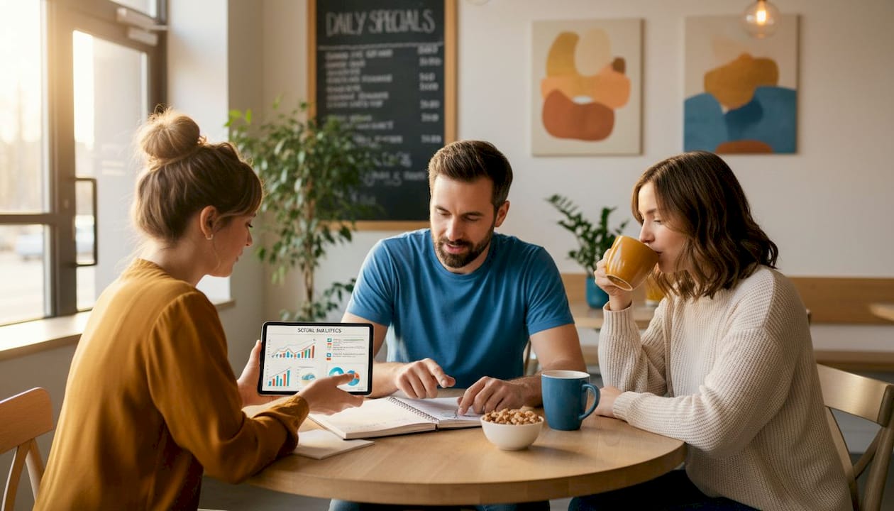 Coworkers discuss SMB content planning in office