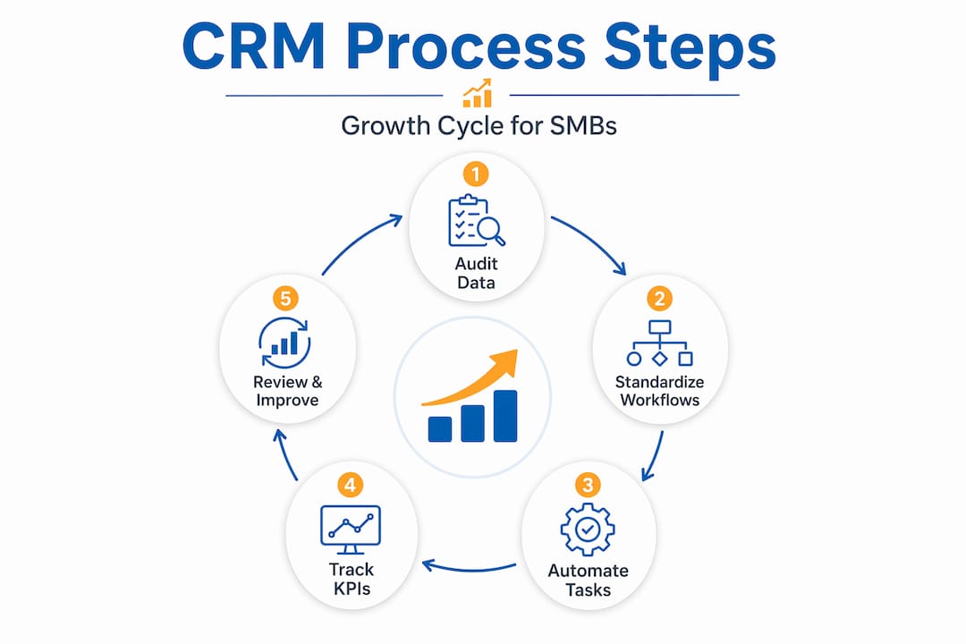 Infographic showing CRM improvement steps for growth