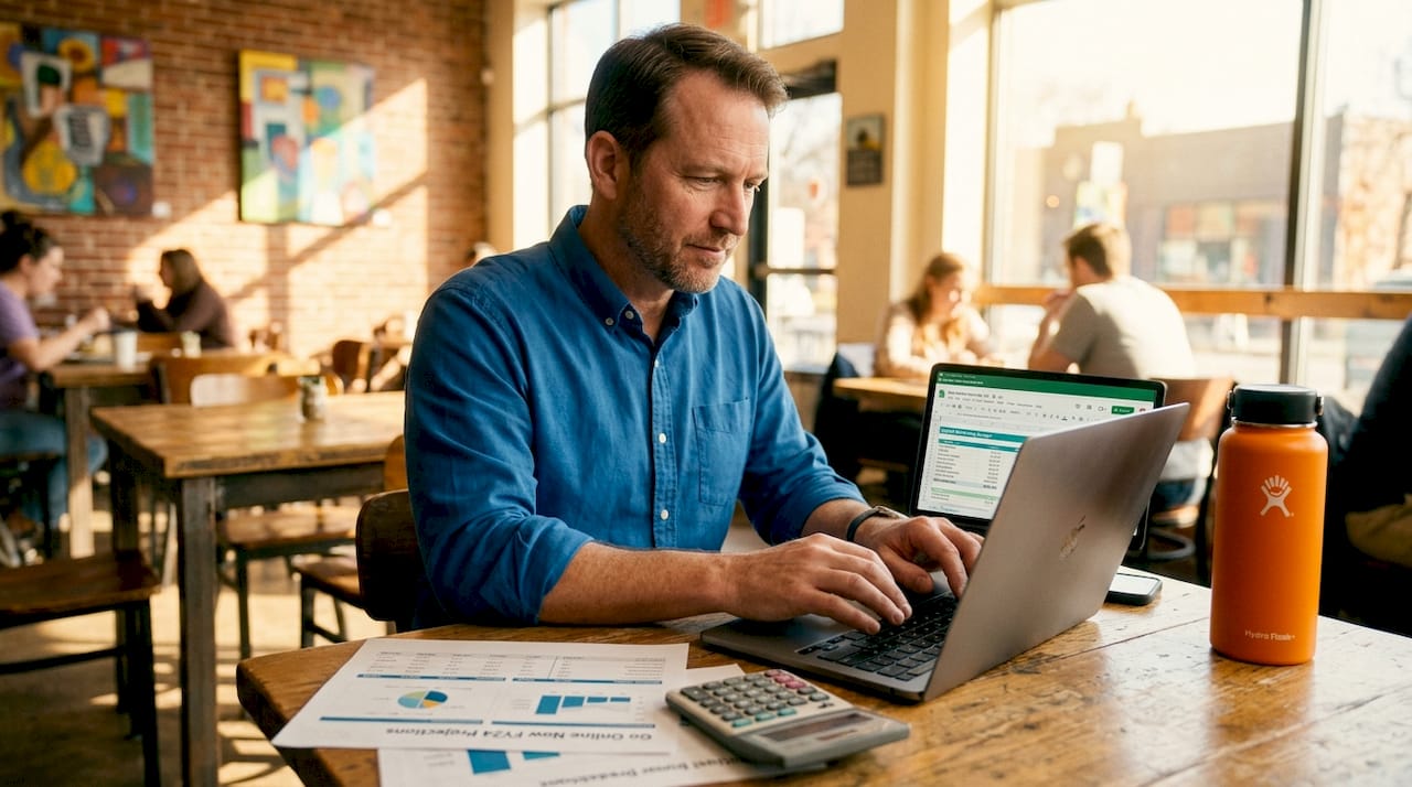 Business owner updating marketing budget spreadsheet