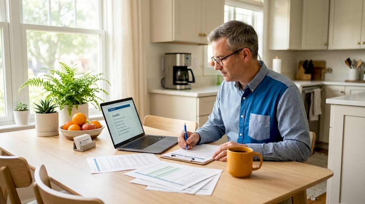 Freelance marketer reviewing marketing checklist at table