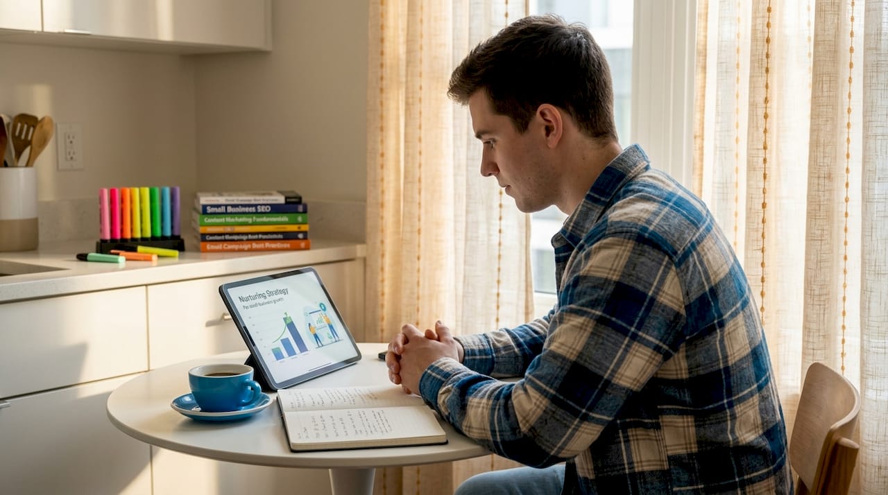 Man reading educational email sequence at table