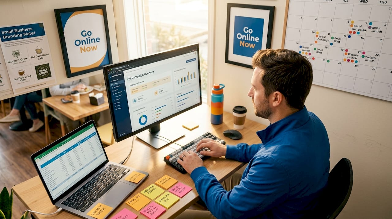 Freelance marketer working on email campaign setup