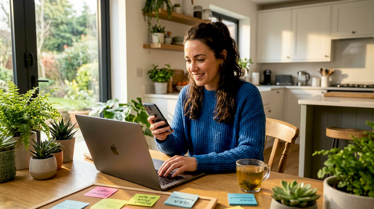 Woman responding to social media at home workspace