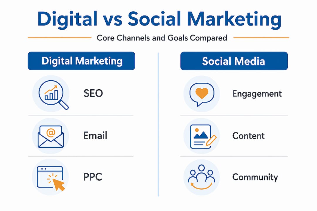 Infographic comparing digital marketing and social media marketing