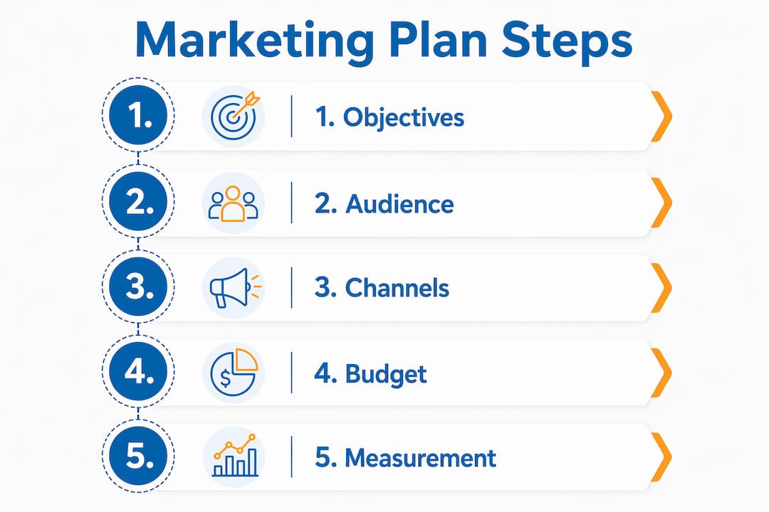 Infographic showing five key marketing plan steps