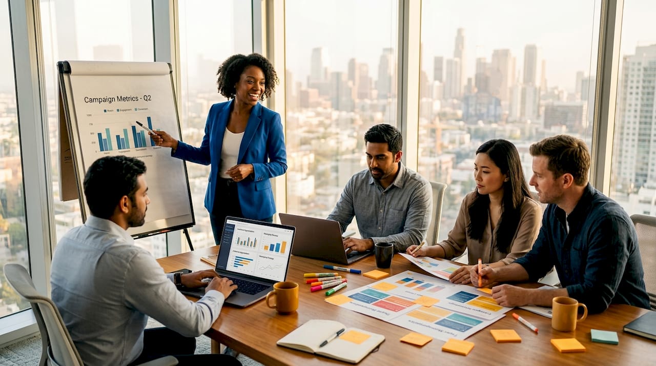 Marketing team collaborating on campaign strategy