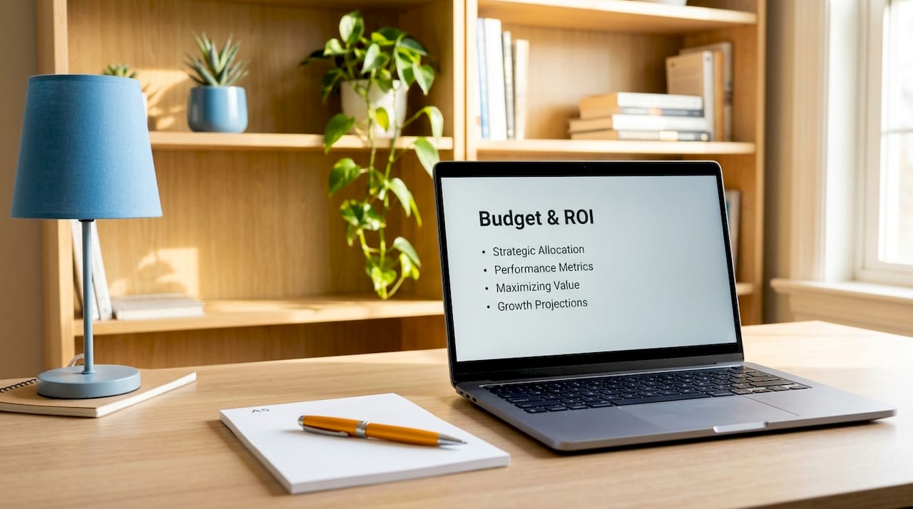 Laptop showing clear budget and ROI slide