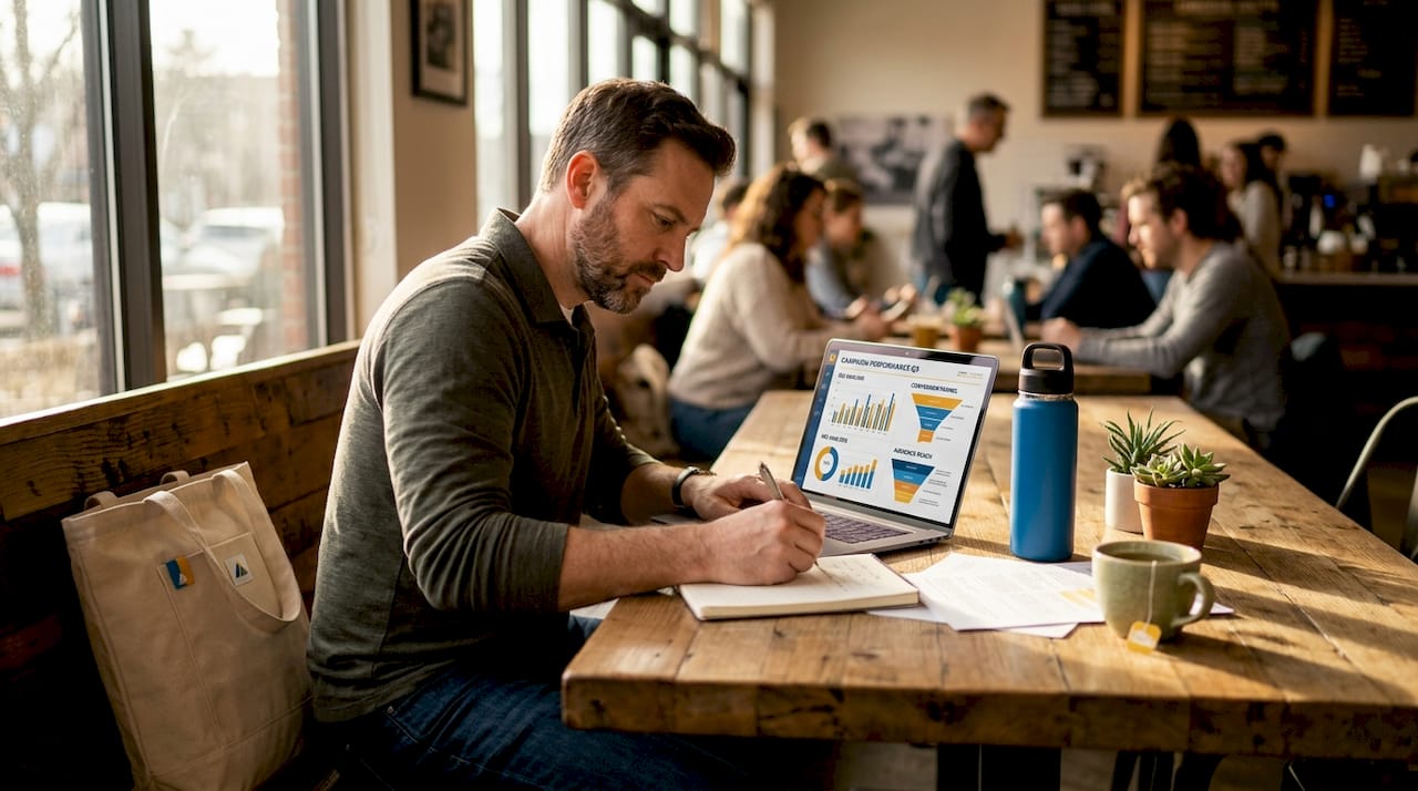 Marketer analyzing digital campaign data at desk