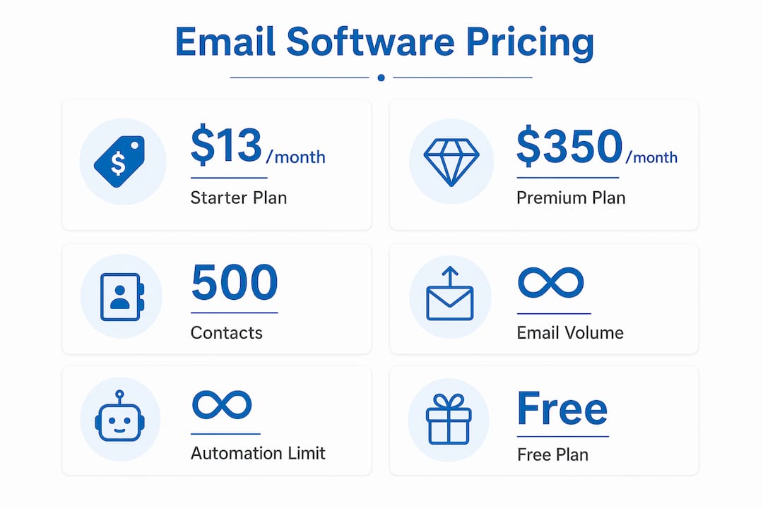 Infographic showing email marketing software pricing tiers and features