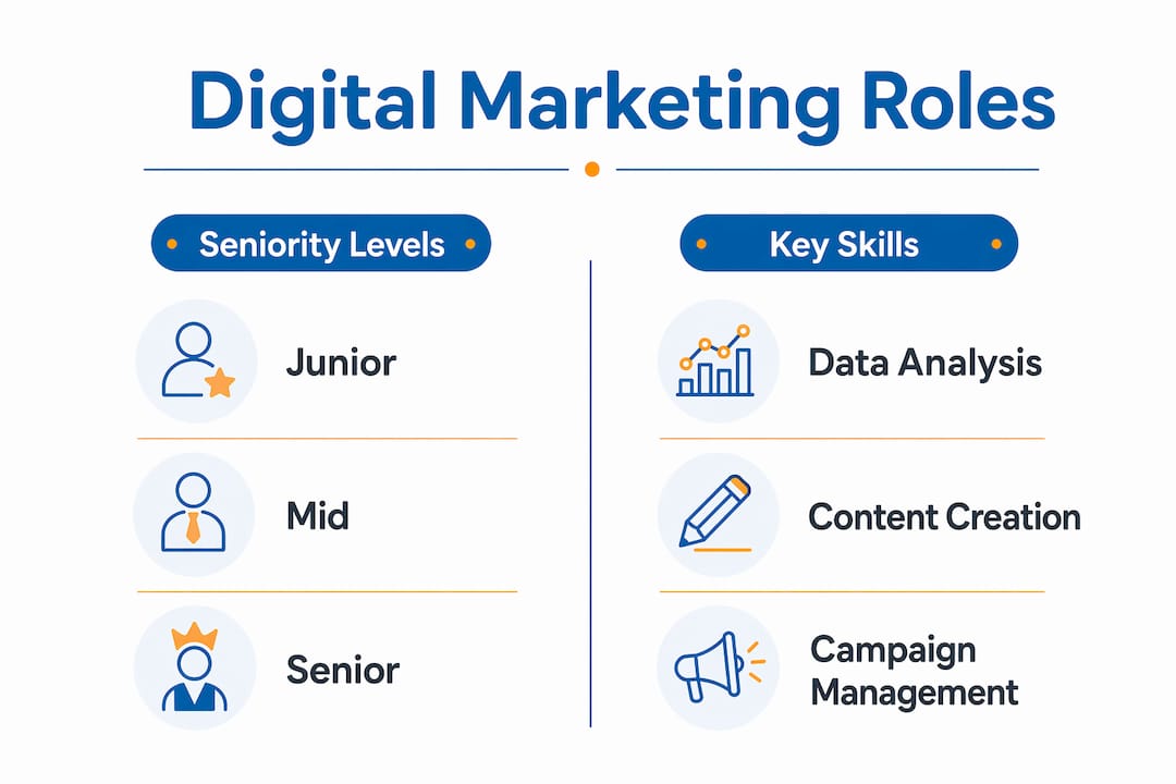 Infographic comparing roles and skills in digital marketing
