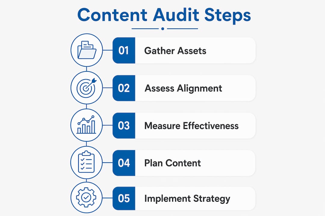 Vertical infographic outlining content audit steps
