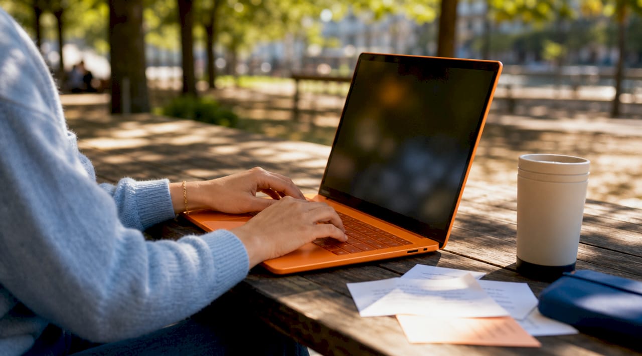 Hands typing on laptop with coffee and review printouts