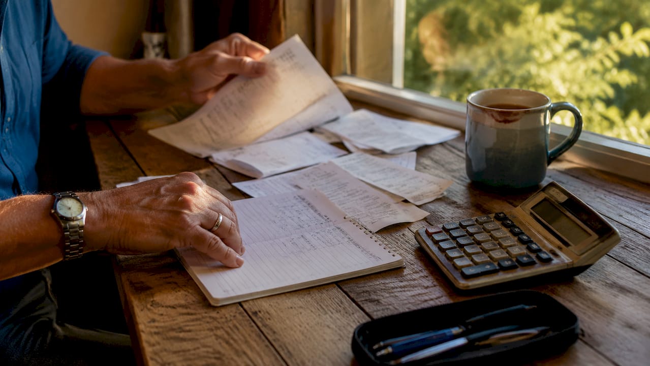 Hands writing SMB marketing budget notes