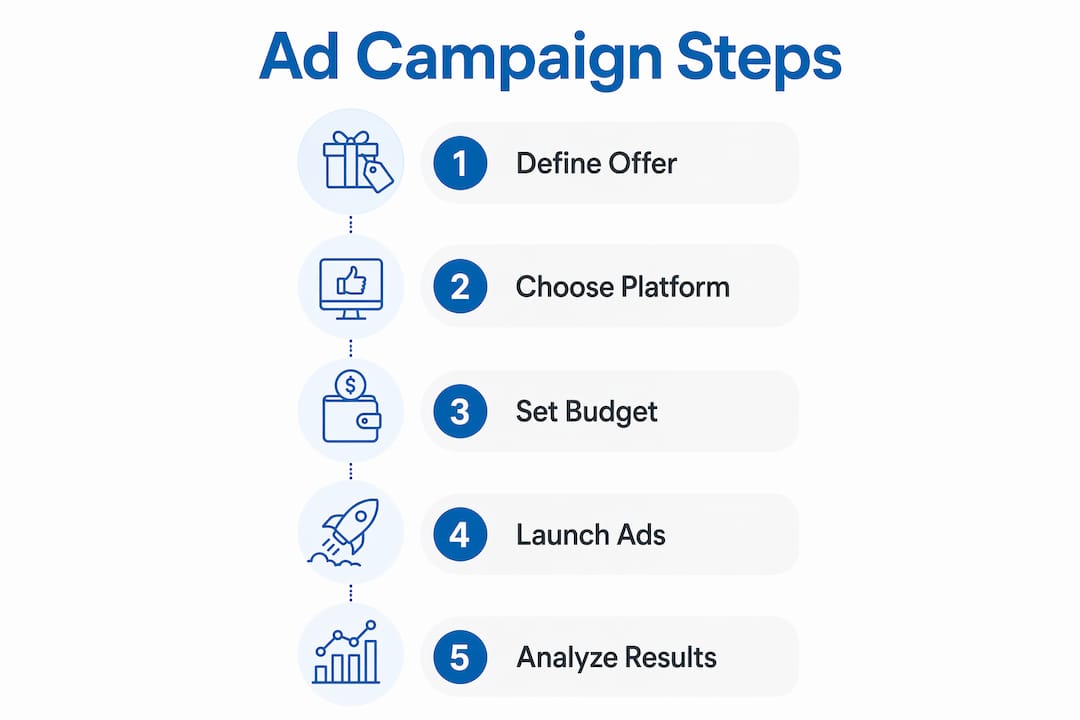 Infographic showing five steps to launch ad campaign